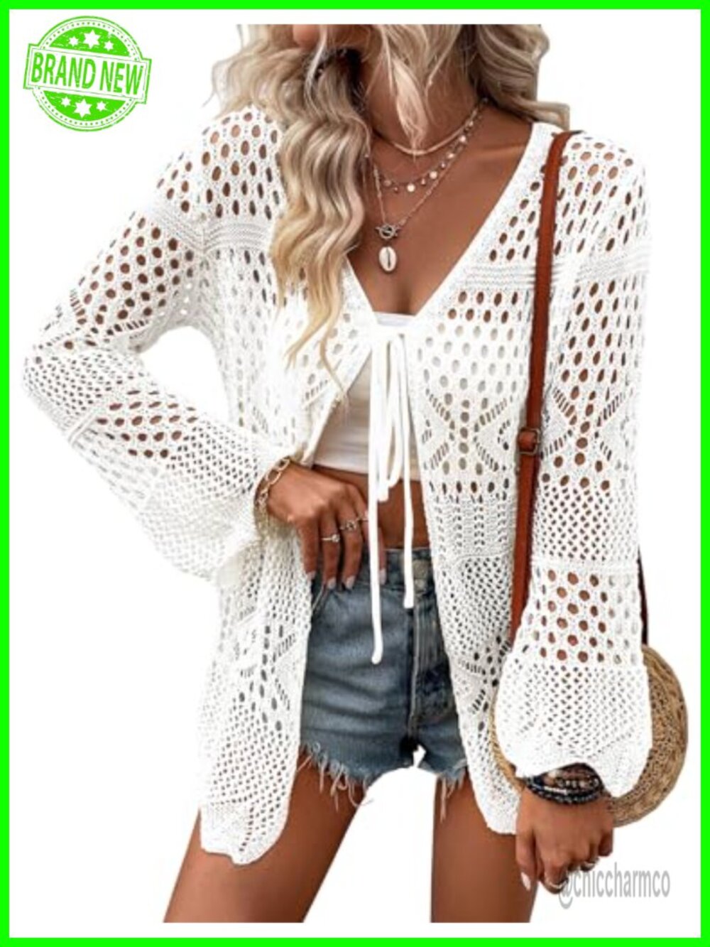 Crochet Cardigan Tie Front Lightweight Long Sleeve Knit Cover Up Cardigan